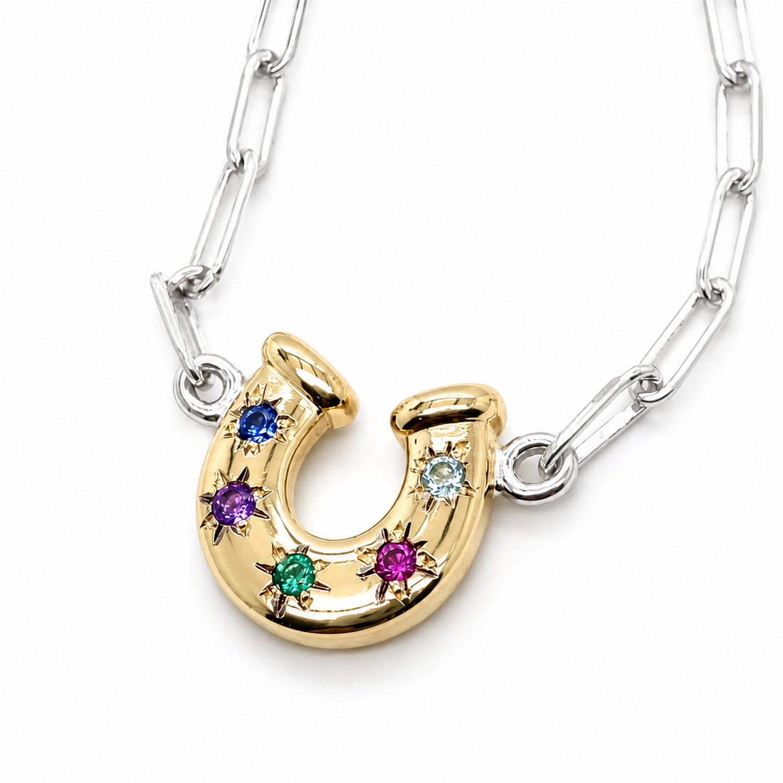 Horseshoe Birthstone Necklace - Two Tone
